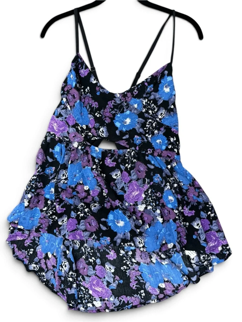 Vintage FREE PEOPLE Floral Midnight  Peplum Cut-Out Crisscross Back Tank Size L